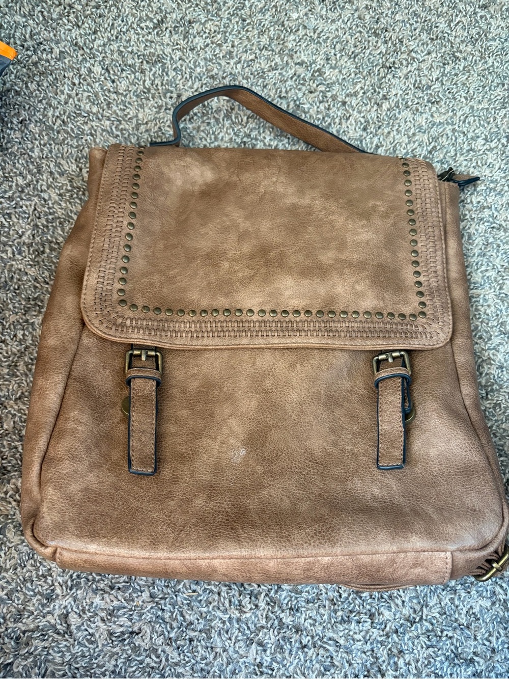 Everyday Brown Faux Leather Backpack with Stud Trim